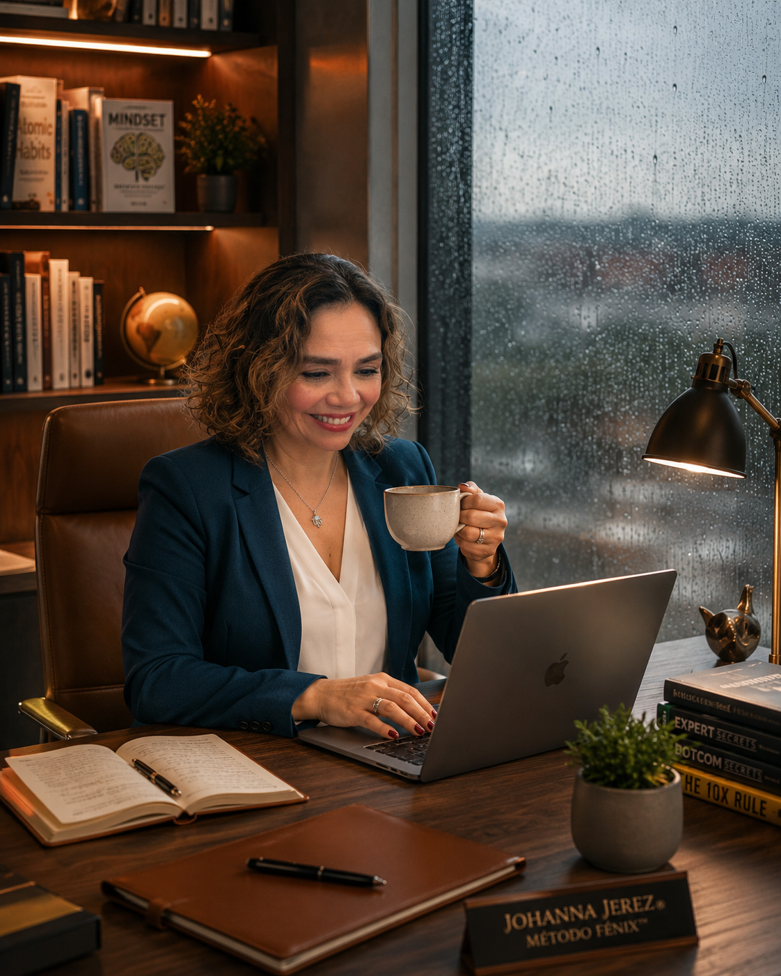 Johanna Jerez en su escritorio, trabajando con un café y su portátil